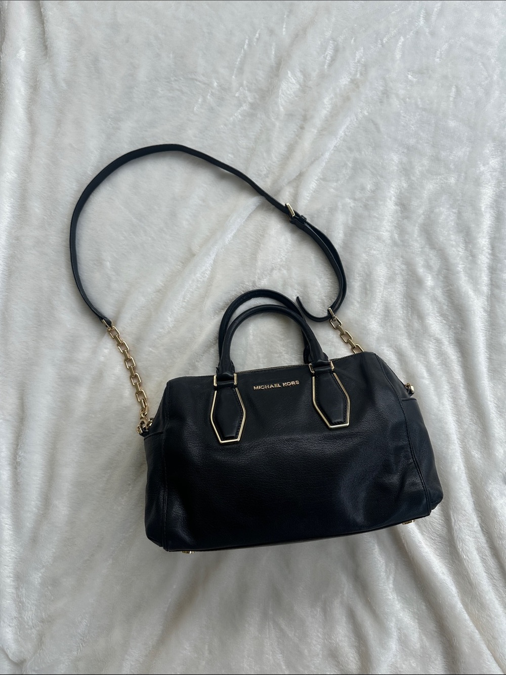 Michael Kors Black Leather Satchel with Gold Accents